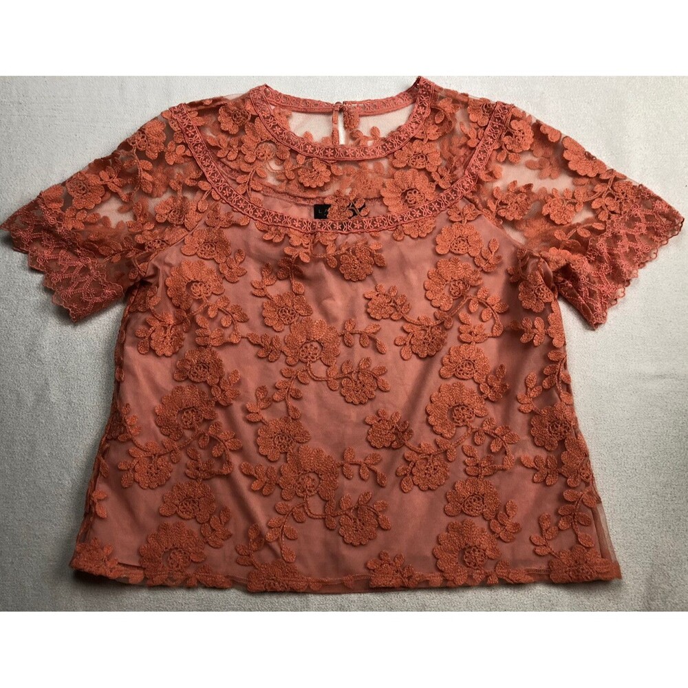 Laundry By Shelli Segal Embroidered Mesh Top Floral Rose Pink Size Medium Lace